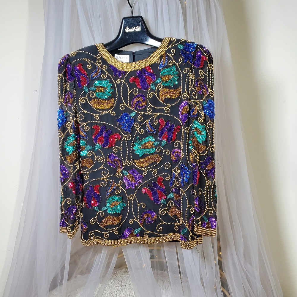 Oleg Cassini Black Tie Vintage Silk Embellished Blouse 90s Glam Statement Size L - Picture 2 of 4